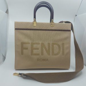 Fendi Sunshine Medium Bag in Canvas with Logo Sand Color 8BH386